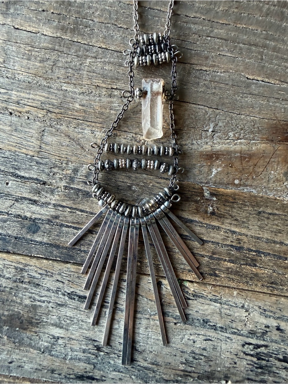 Boho Silver Fringe Necklace with Clear Crystal Accent